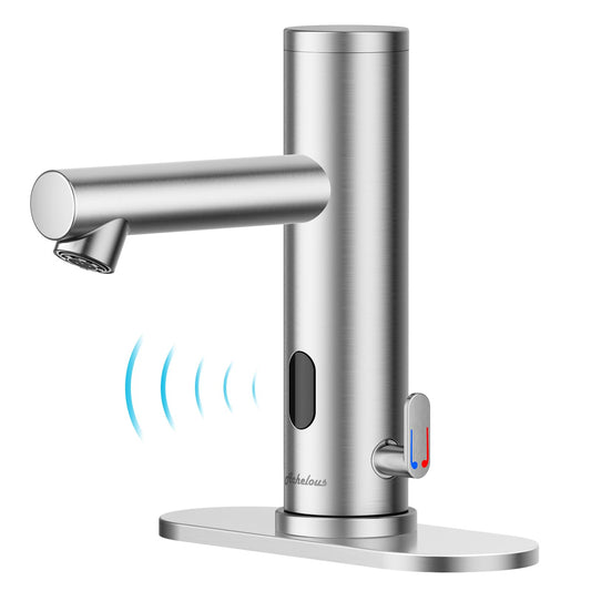 Achelous touchless faucet, infrared sensor, hands-free, temperature control, brushed nickel.